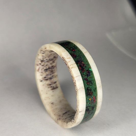 Deer Antler Band, Fire Opal with Malachite Background