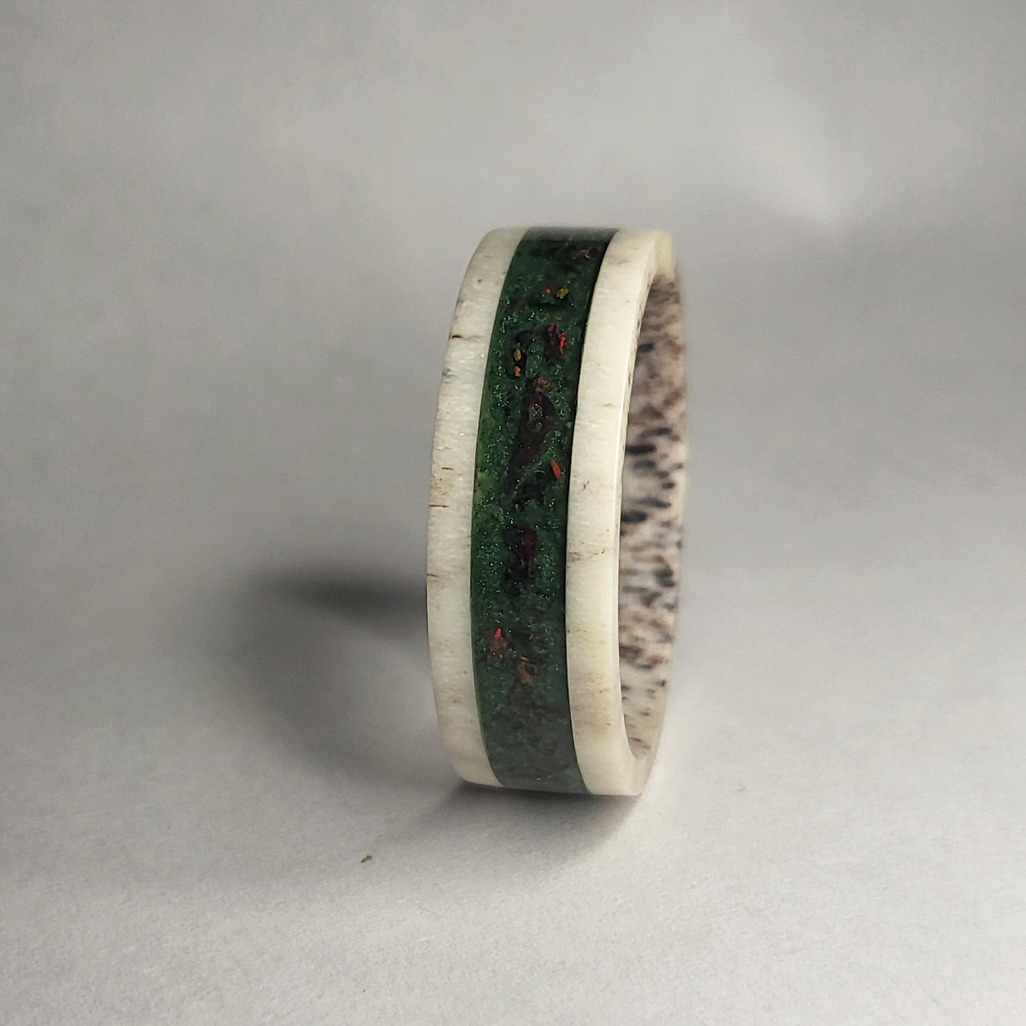 Deer Antler Band, Fire Opal with Malachite Background