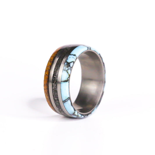The Horizon Forge, Whiskey Barrel, Meteorite Dust, Turquoise Titanium Band
