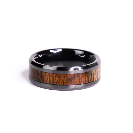 The Koa Obsidian Black Carbide Ring with Koa Wood