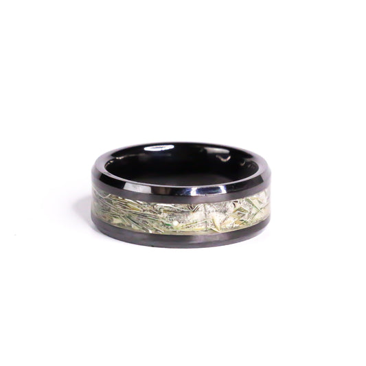 The Money Burner, Black Carbide ring with Shredded Cash