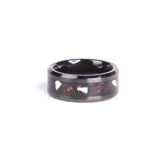 The Primeval Flame, Black Carbide Ring with Dino Bone and Fire Opal