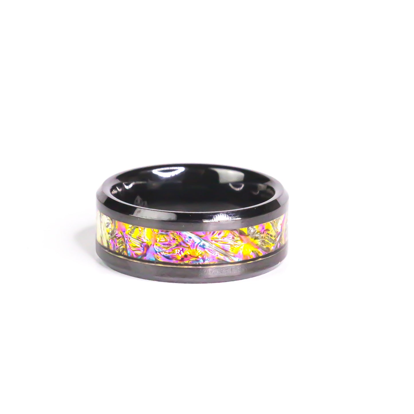 The Quantum Vein, Black Carbide Ring with Titanium Burl Dichrolam