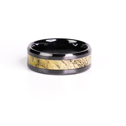 The Shadowroot, Black Carbide Ring with Buckeye Burl Wood