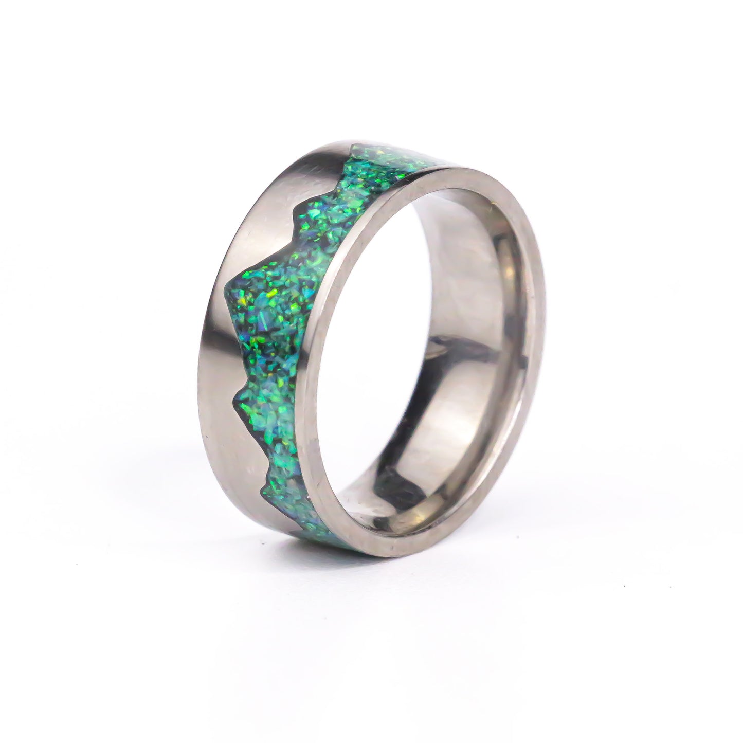 The Waking Mountain Titanium Ring, Green Fire Opals