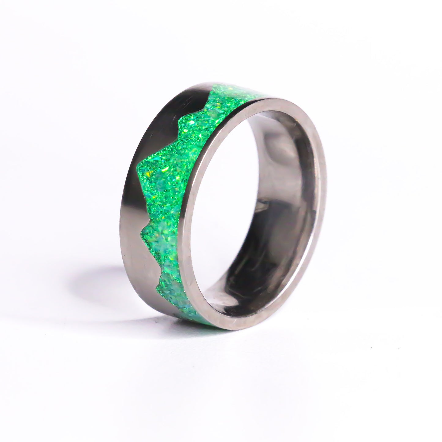 The Waking Mountain Titanium Ring, Green Fire Opals