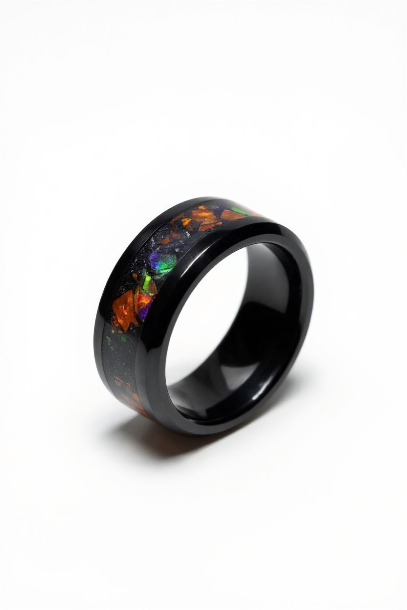 Black Ceramic Blood Orange Opal Ring Meteorite Amber Peridot UV Glow Powder
