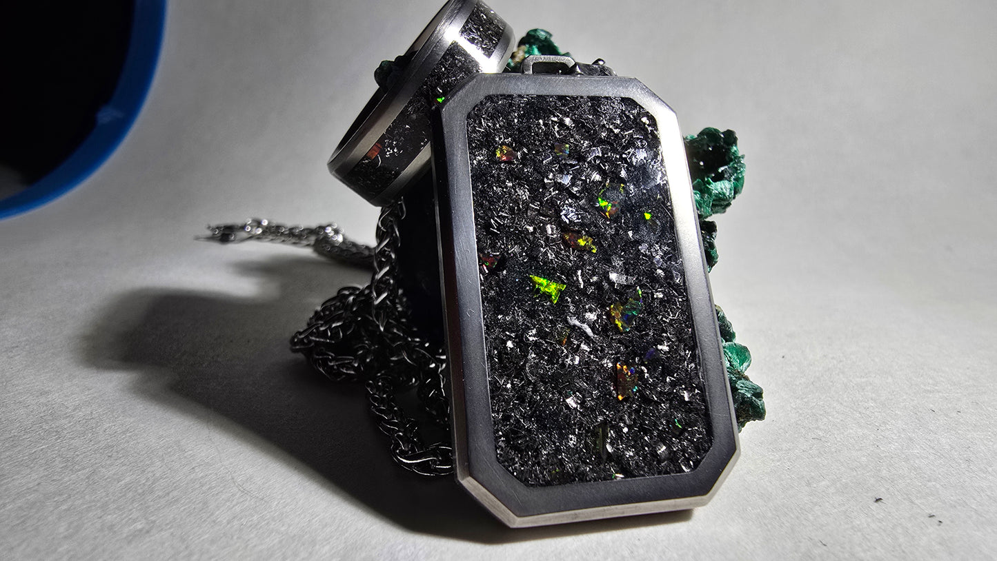 Meteorite, Black Fire Opal Titanium Dog Tag Pendant and Titanium Ring