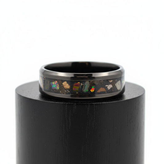 Black Ceramic Inlay Ring with Inferno Opal, Peridot, and Meteorite Dust