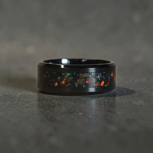 Black Ceramic Ring with Dragon Scale Opal, Tangerine Opal, and Meteorite Dust