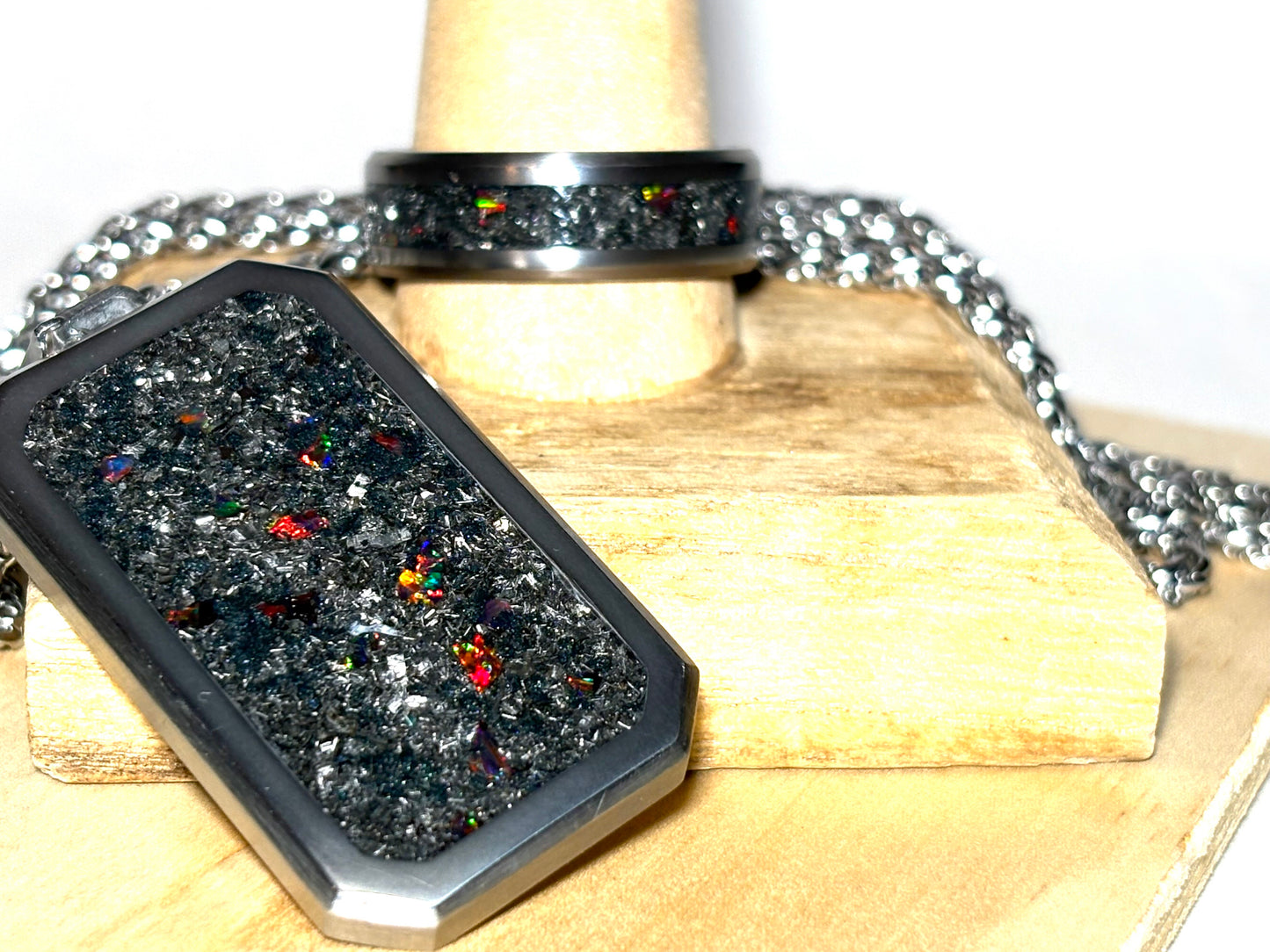 Meteorite, Black Fire Opal Titanium Dog Tag Pendant and Titanium Ring