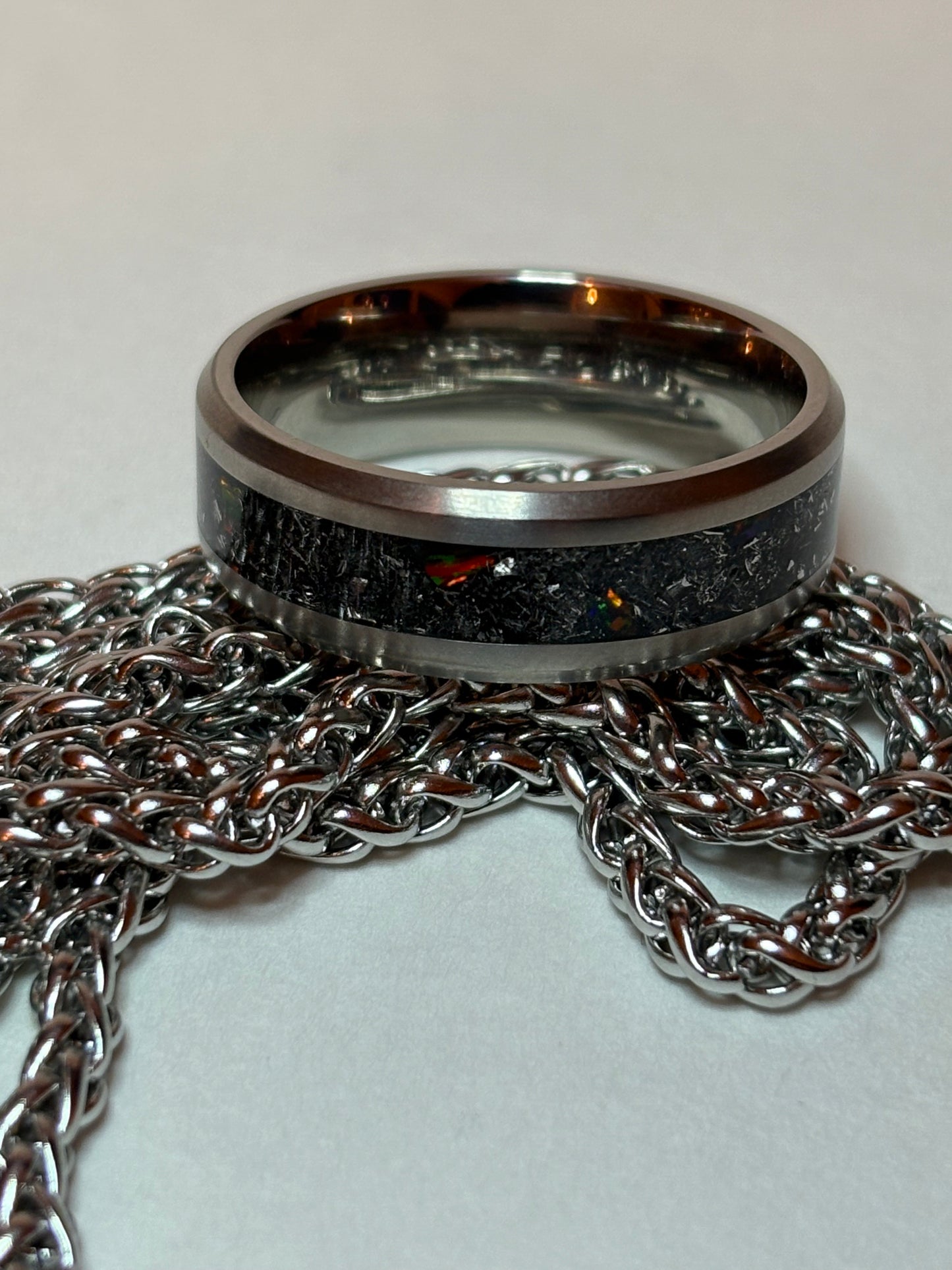 Meteorite, Black Fire Opal Titanium Dog Tag Pendant and Titanium Ring