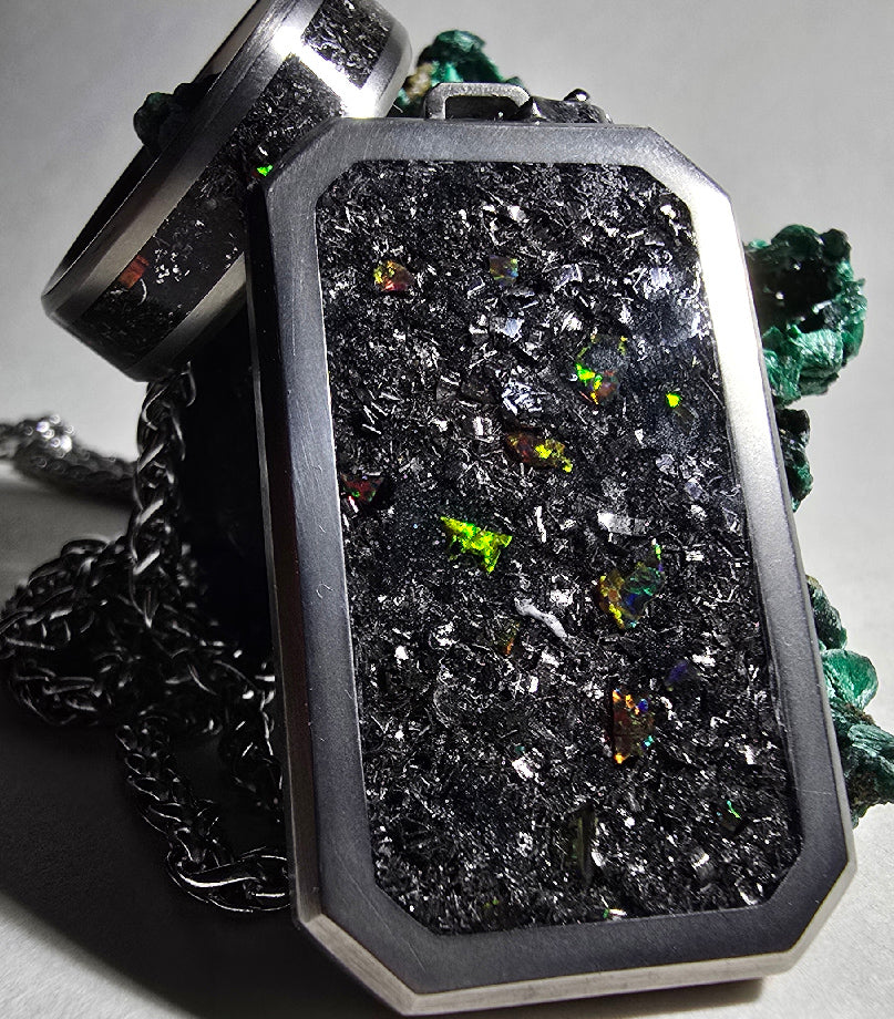Meteorite, Black Fire Opal Titanium Dog Tag Pendant and Titanium Ring