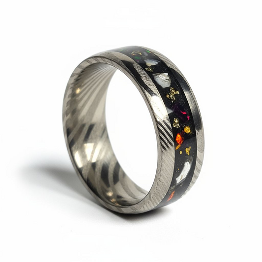 Damascus Steel Ring Dino Bone, Fire Opal, Pyrite