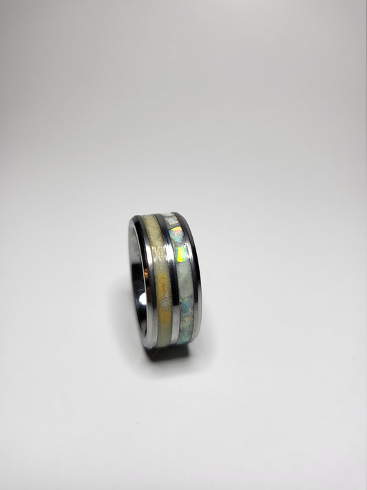 Tungsten Double Channel Ring Opal Diamond Dust UV Glow