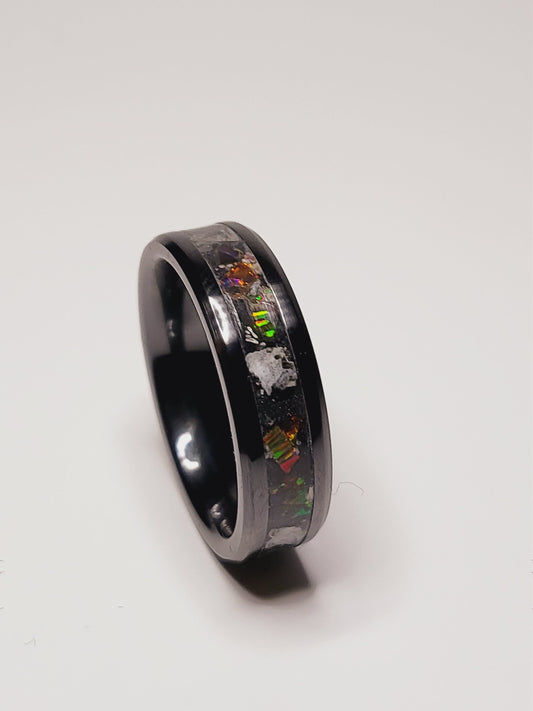 Black Ceramic Ring Fire Opal Moonstone Quartz UV Glow