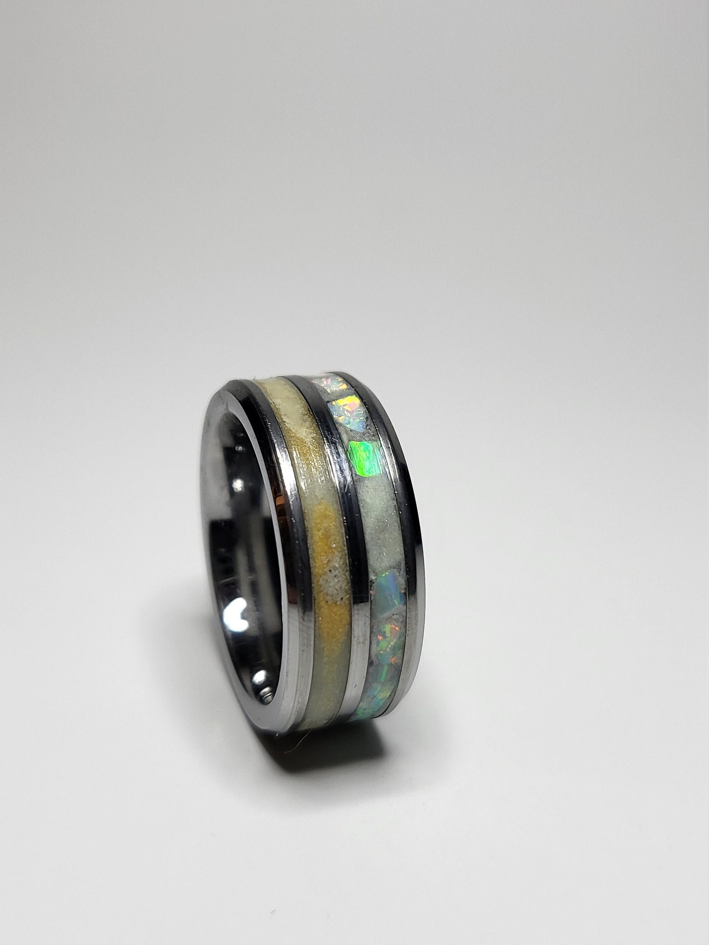Tungsten Double Channel Ring Opal Diamond Dust UV Glow