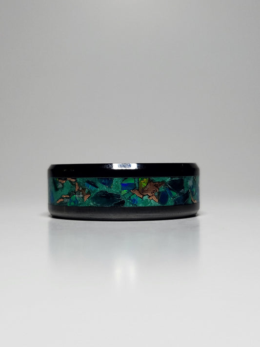 Black Ceramic Ring Cyan Green Opal Apatite Copper Shavings Aqua UV Glow