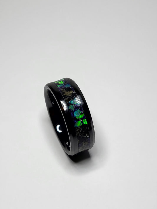 Black Ceramic Ring Opal Amber Meteorite UV Glow