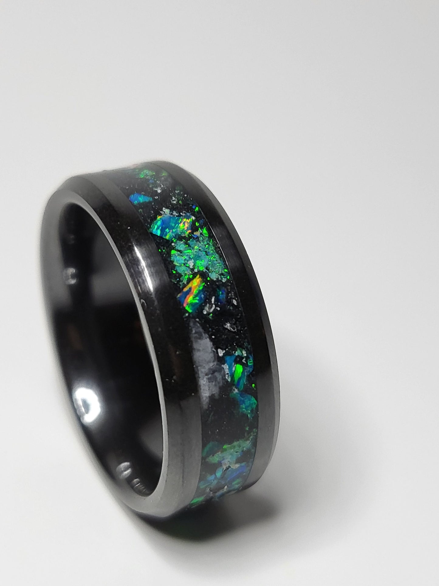 Black Ceramic Opal Ring Moonstone Copper UV Glow Powder