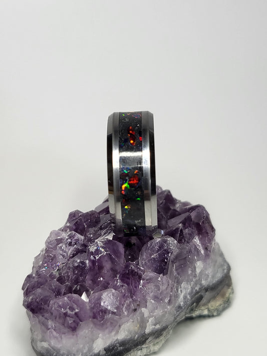 Tungsten Ring Ember & Dragon Scale Opal, Meteorite Shavings, UV Glow Powder