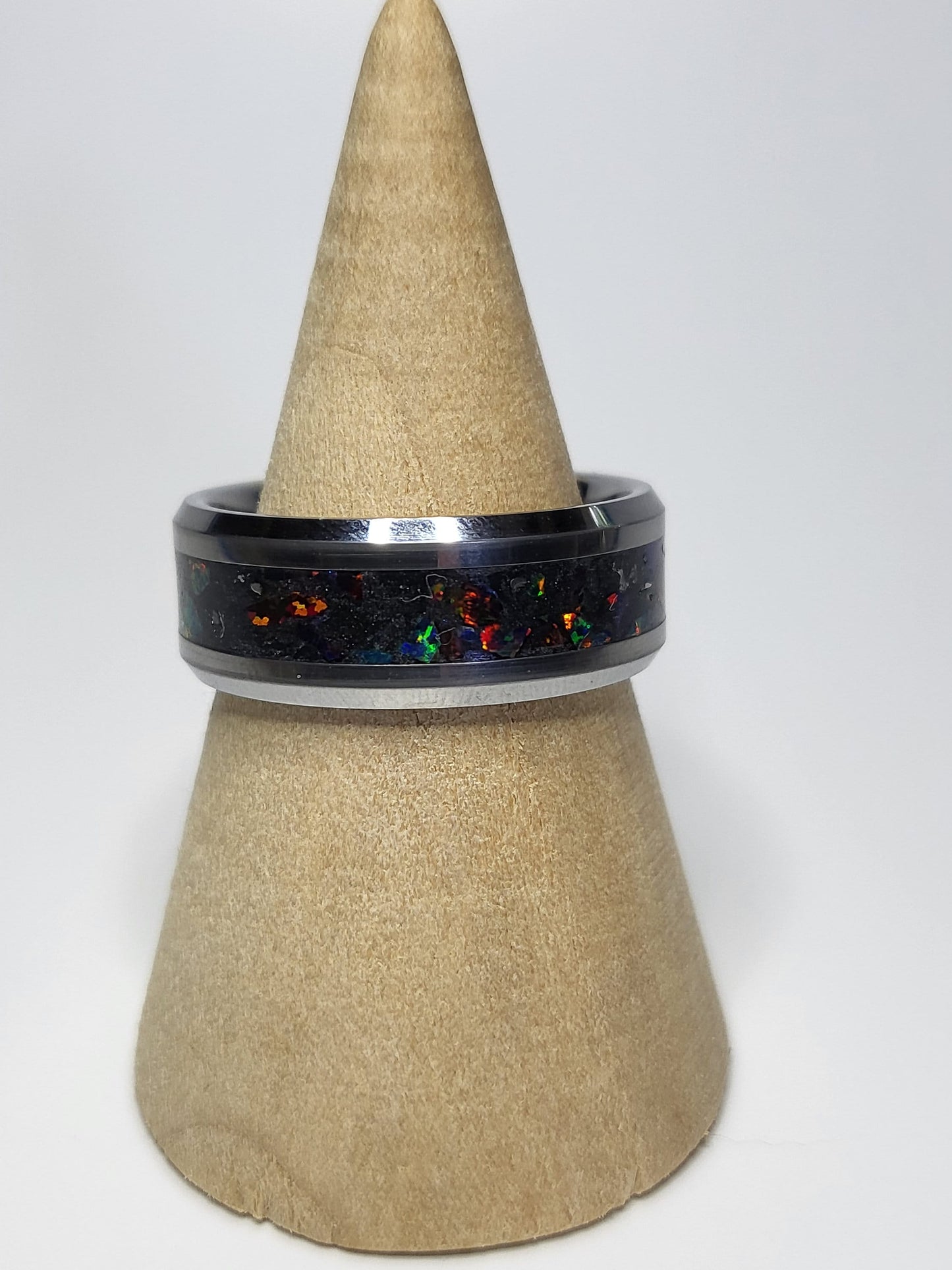 Tungsten Ring Ember & Dragon Scale Opal, Meteorite Shavings, UV Glow Powder