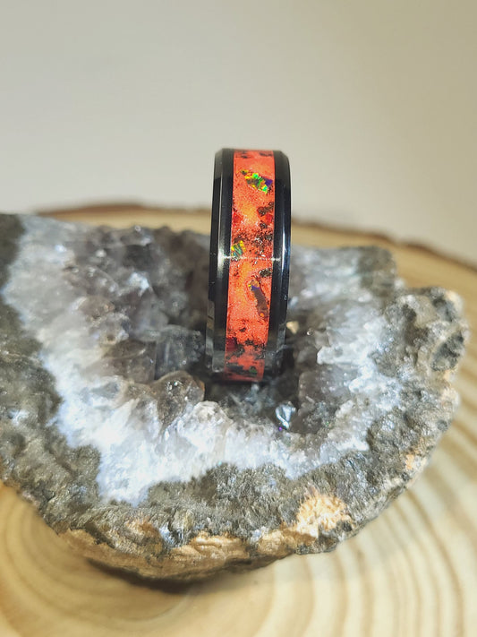Black Ceramic Inlay with Inferno Opal, Crimson Opal, Meteorite Dust, and Crimson Pigment