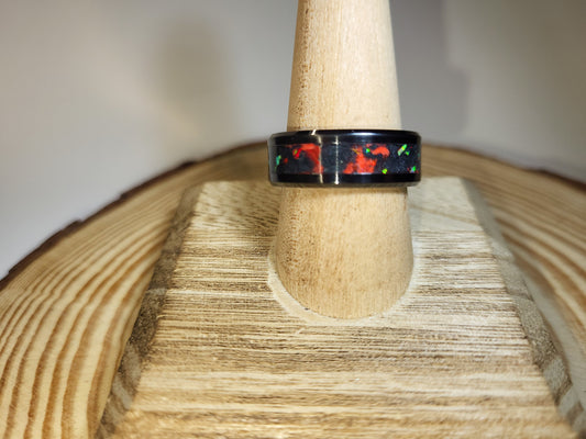 Black Ceramic Inlay Ring with Neon Green Opal, Crimson Opal, and UV Glow