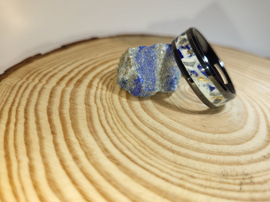 Black Ceramic Inlay Ring with Lapis Lazuli and Moonstone