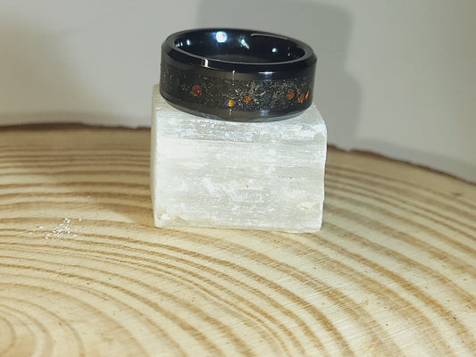 Black Ceramic Ring with Dragon Scale Opal, Tangerine Opal, and Meteorite Dust