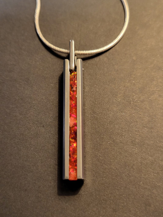 Tungsten Pendant Red Fire Opal, Sterling Silver Chain