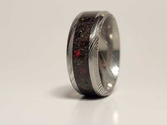 Damascus Steel Ring, Black Fire Opal, Meteorite Shavings