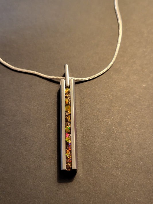Tungsten Pendant Butterscoth Opal,Bronze Shavings, Sterling Silver Chain