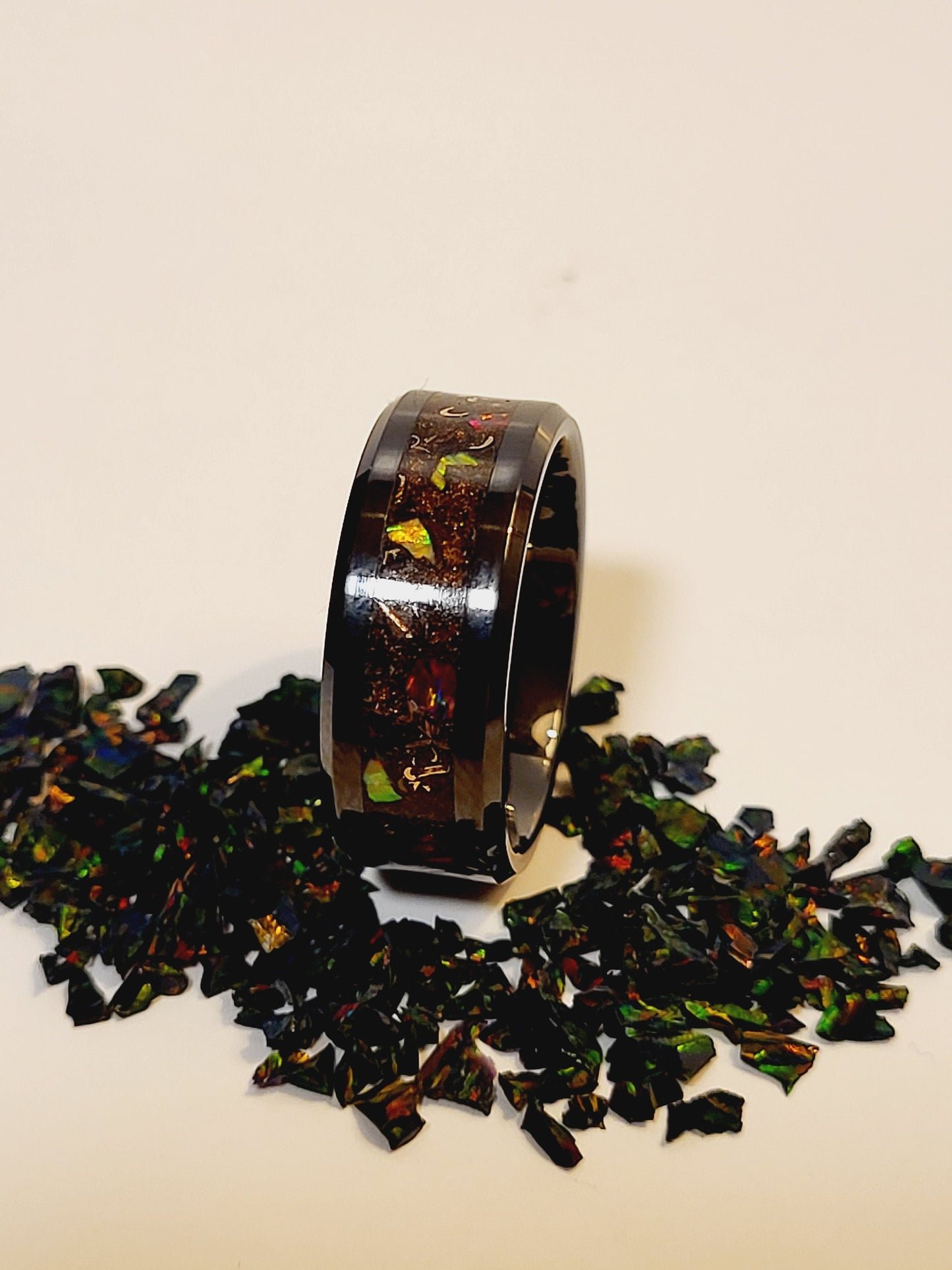 Black Ceramic Ring with Amber & Sangria Opal, Dragon Scale Opal, Bronze Shavings, UV Glow