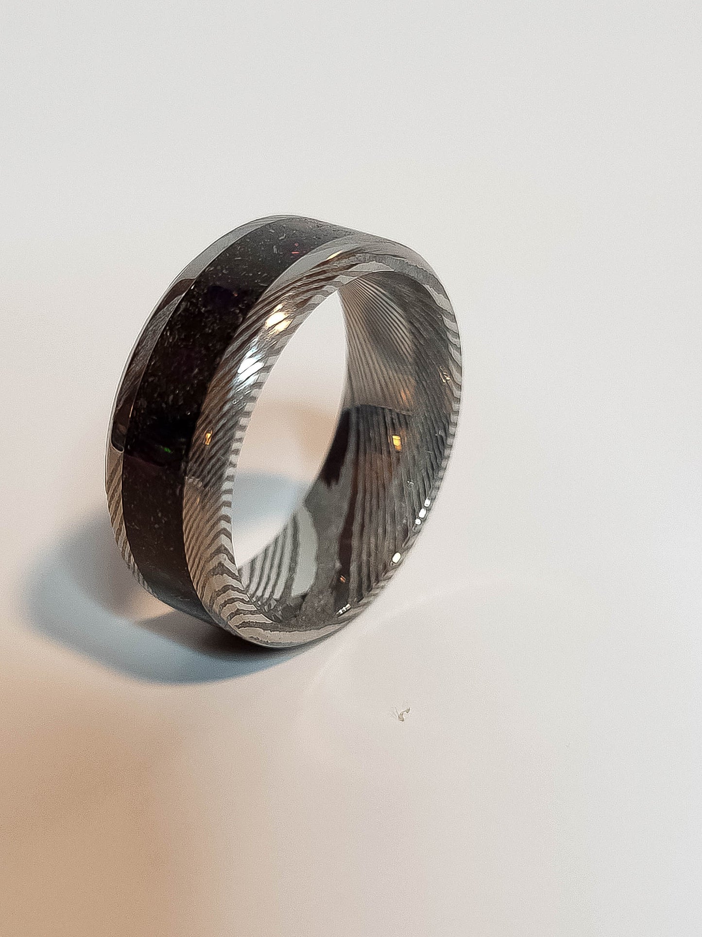 Damascus Steel Ring, Black Fire Opal, Meteorite Shavings