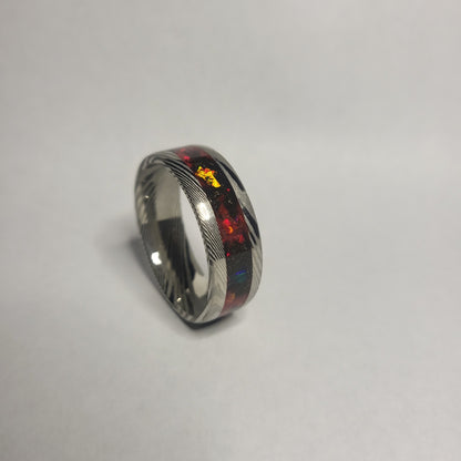 Damascus Steel Band Crimson Red Opal, Meteorite Dust