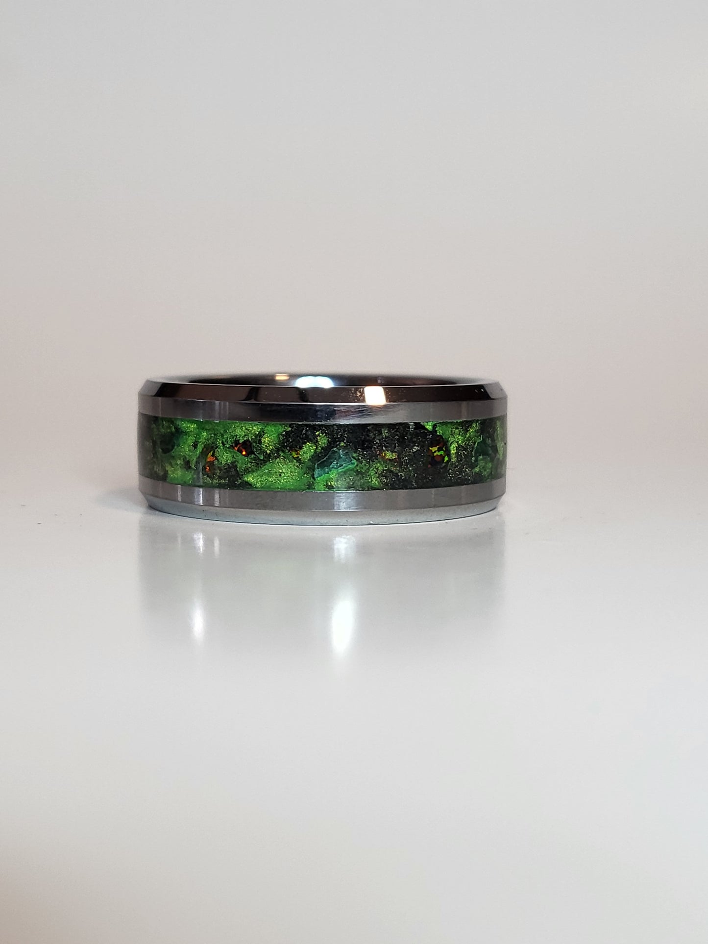 Tungsten Ring, Fire Opal and Obsidian