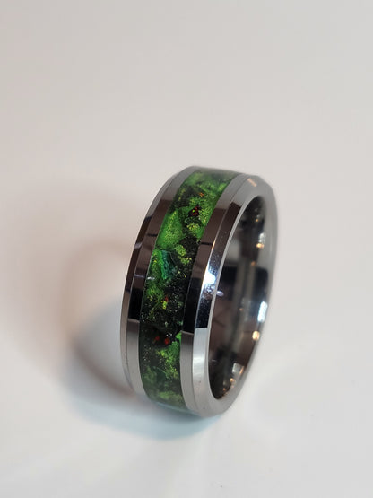 Tungsten Ring, Fire Opal and Obsidian