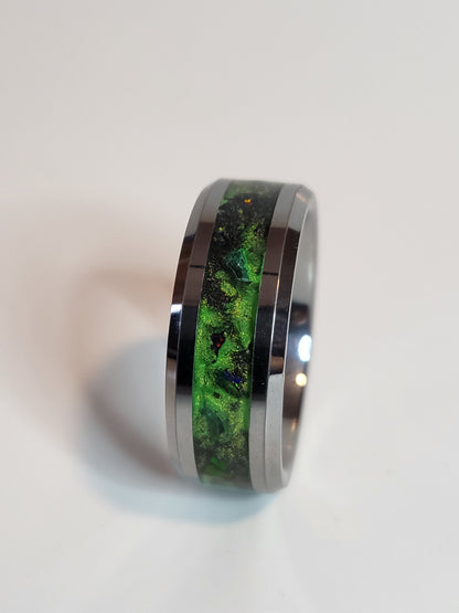 Tungsten Ring, Fire Opal and Obsidian