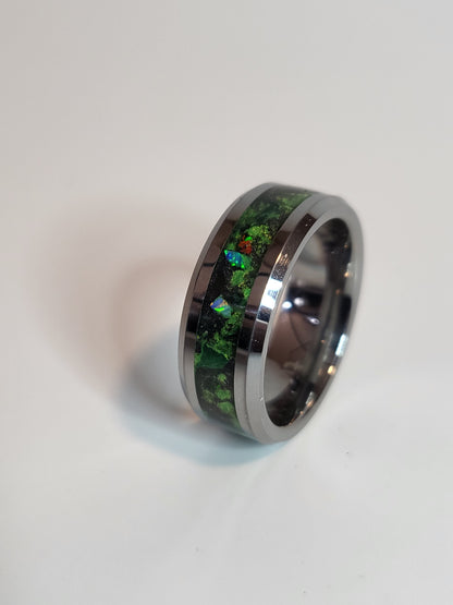 Tungsten Ring, Fire Opal and Obsidian