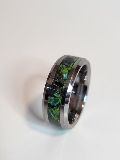 Tungsten Ring, Fire Opal and Obsidian