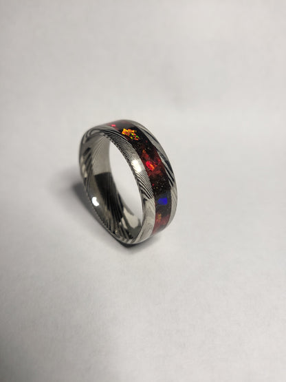 Damascus Steel Band Crimson Red Opal, Meteorite Dust