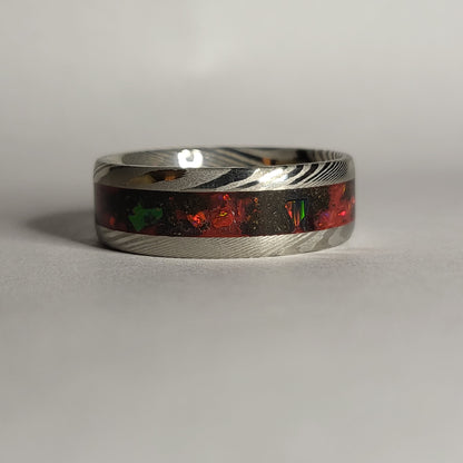 Damascus Steel Band Crimson Red Opal, Meteorite Dust