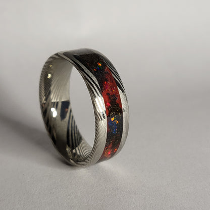 Damascus Steel Band Crimson Red Opal, Meteorite Dust