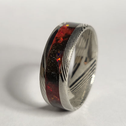 Damascus Steel Band Crimson Red Opal, Meteorite Dust