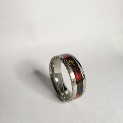 Damascus Steel Band Crimson Red Opal, Meteorite Dust