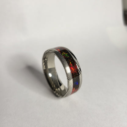 Damascus Steel Band Crimson Red Opal, Meteorite Dust