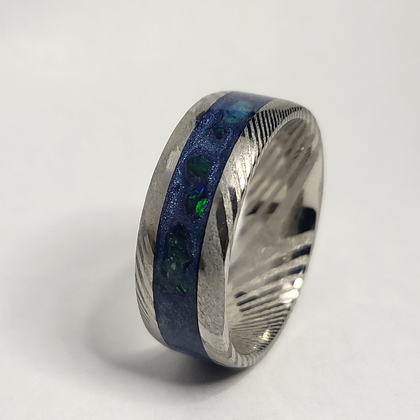 Damascus Steel Ring Apatite, Egyptian Blue Opal