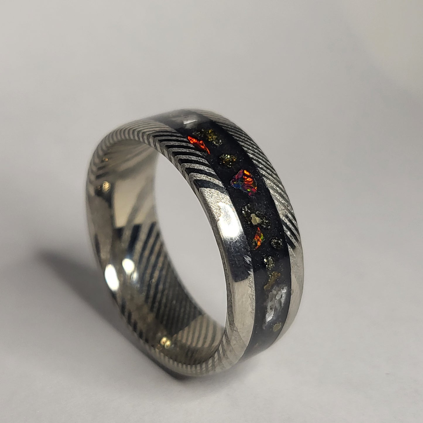 Damascus Steel Ring Dino Bone, Fire Opal, Pyrite