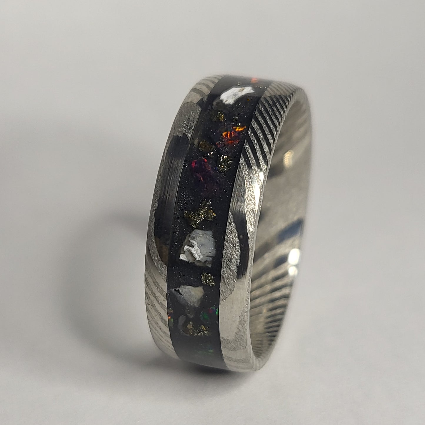 Damascus Steel Ring Dino Bone, Fire Opal, Pyrite